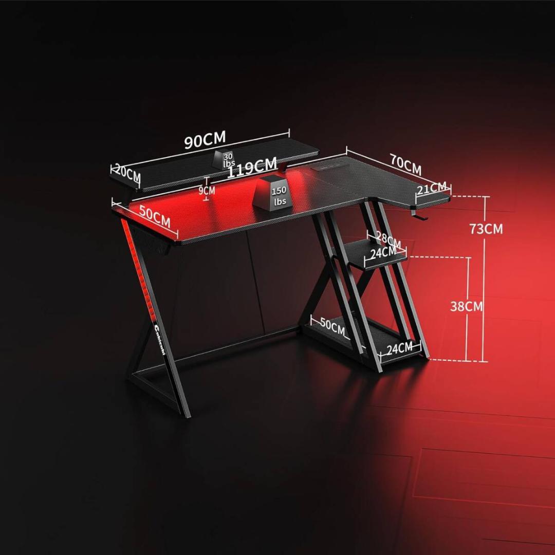 CubiCubi LED付きゲーミングデスク ブラック 収納棚付モニター台付