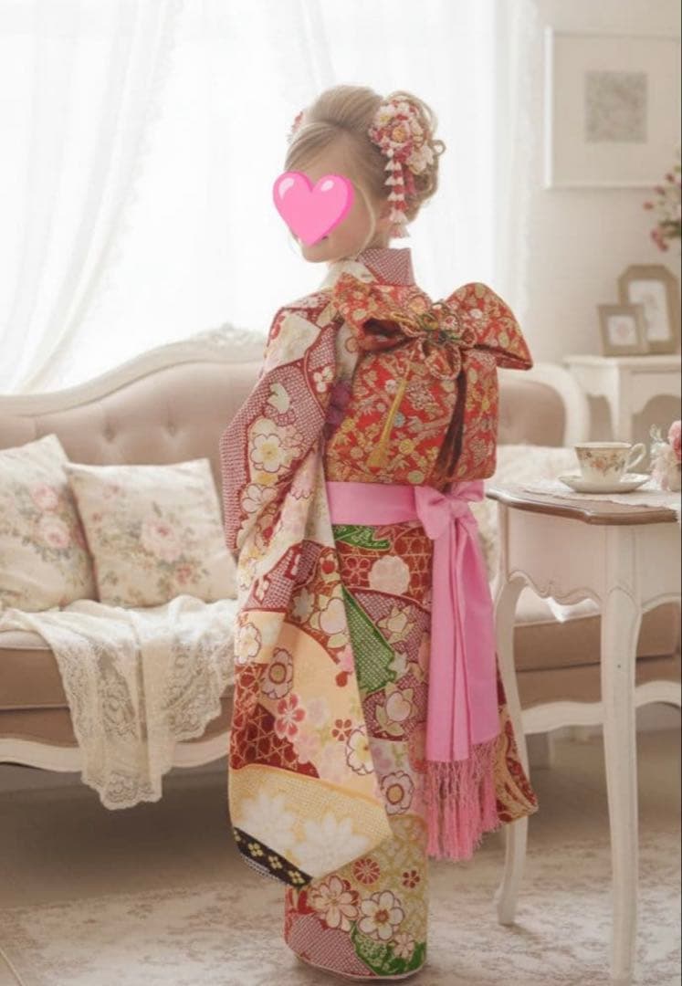 新品☆七五三着物四つ身作り帯フルセット(赤緑ピンク黄色)