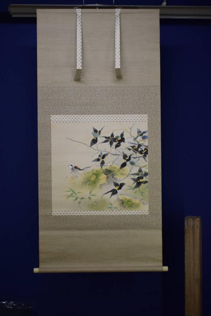 真作/北上聖牛/小鳥に小禽図/花鳥図/布袋屋掛軸HH-