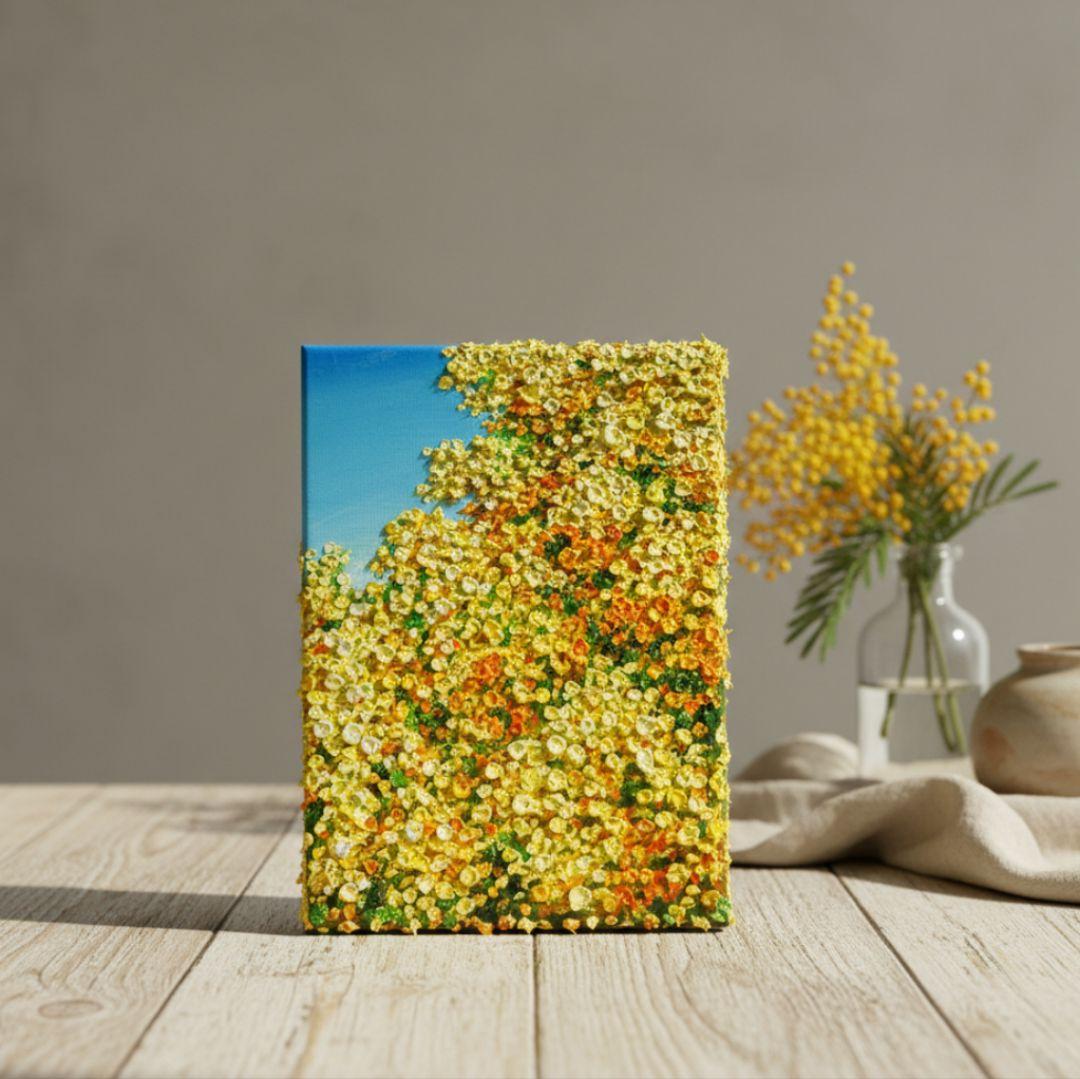 油絵 油彩 油彩画 絵 絵画 【青い空とミモザ】