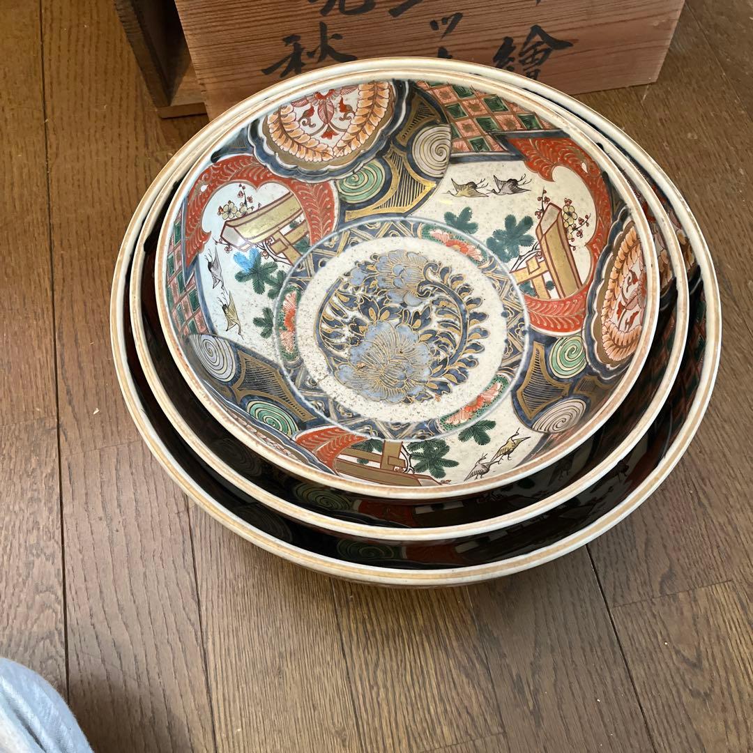 古伊万里 錦絵三ツ鉢 25ー31㎝江戸後期 茶道具 木箱