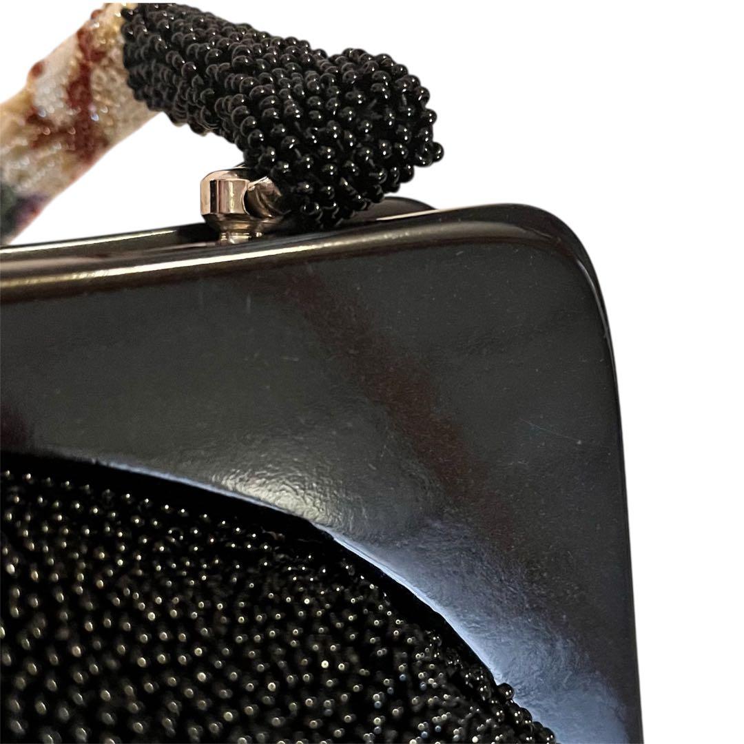 昭和レトロ　ヴィンテージ総ビーズバッグ　 花柄ハンドバッグ 黒がま口