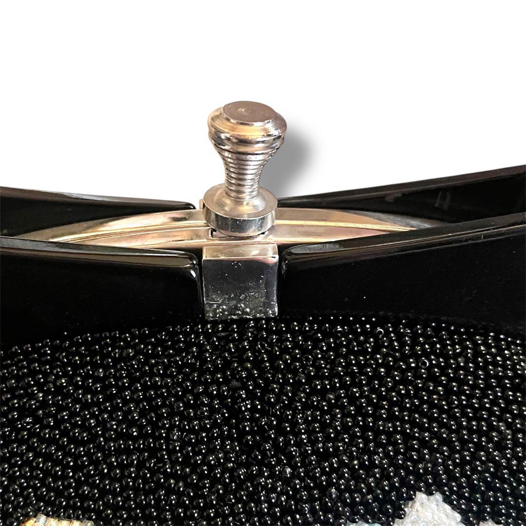 昭和レトロ　ヴィンテージ総ビーズバッグ　 花柄ハンドバッグ 黒がま口