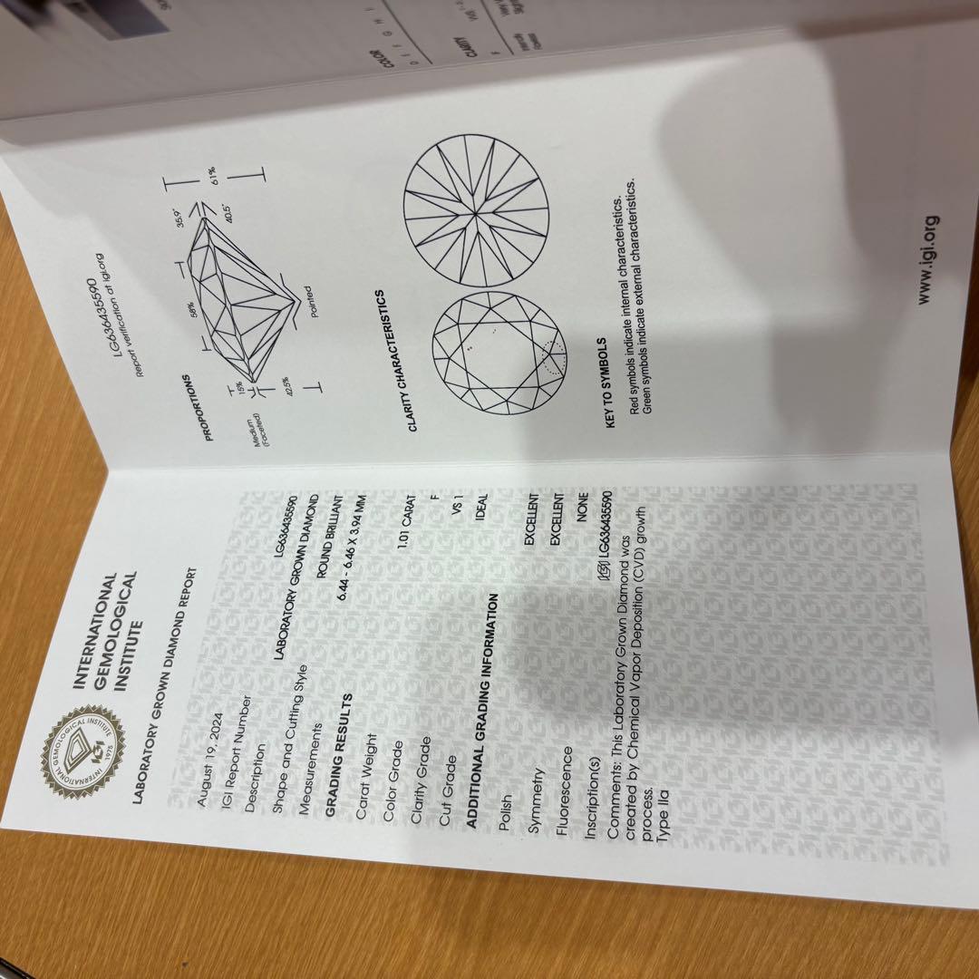 ♪ラボグロウンダイヤモンド　1.01ct Fカラー　VS1 IGI鑑定書