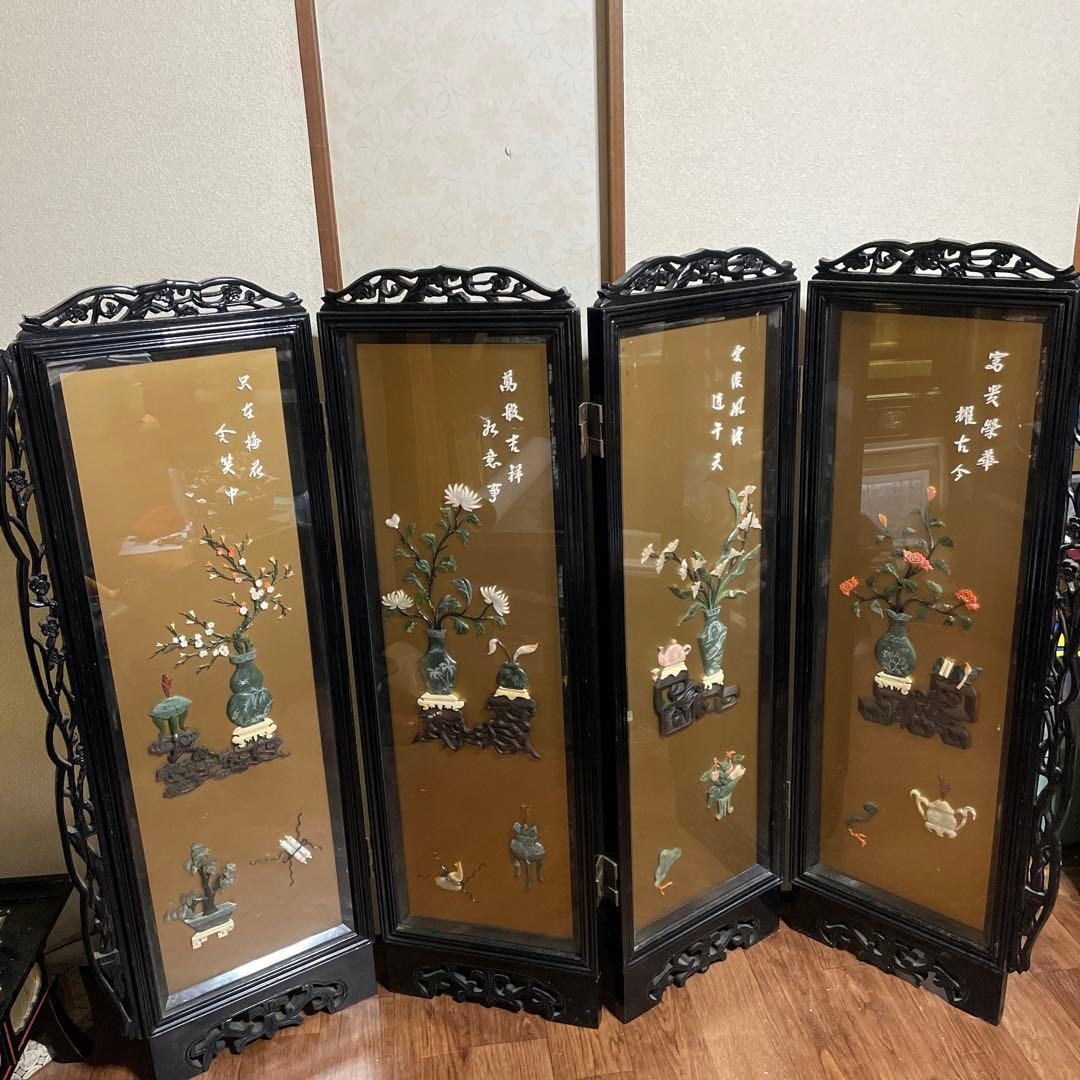 高級 中国美術骨董品 中国屏風 天然石 翡翠 珊瑚 縁起物 風水 - メルカリ