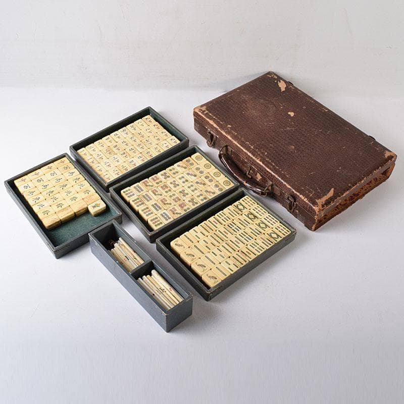 ぶるースカイ様専用 中国 竹嵌 骨牌 背竹牌 麻雀牌 ケース付 C 7747