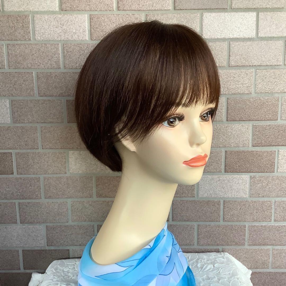 人毛100%￼ 手植え医療用フルウィッグ ウィッグ￼ ショートブラウン3D前髪￼