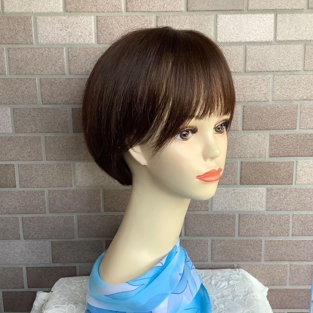人毛100%￼ 手植え医療用フルウィッグ ウィッグ￼ ショートブラウン3D前髪￼