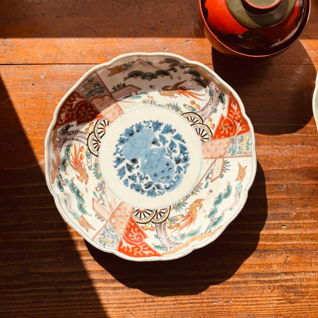 骨董皿 獅子牡丹花鳥文輪花皿 金彩色絵皿 - メルカリ