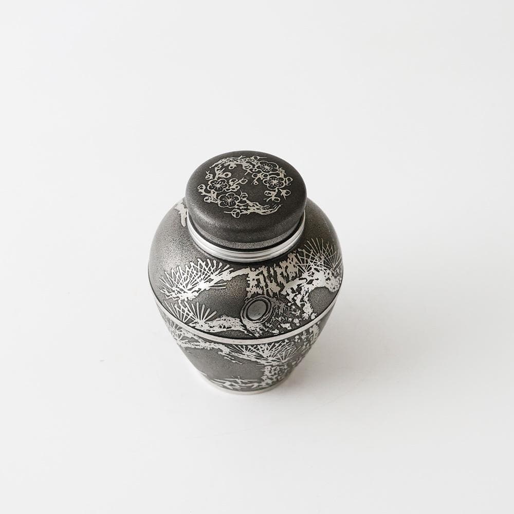 T 上錫 錫半 茶入 茶壺 茶入壺 四君子文 金属工芸 441g