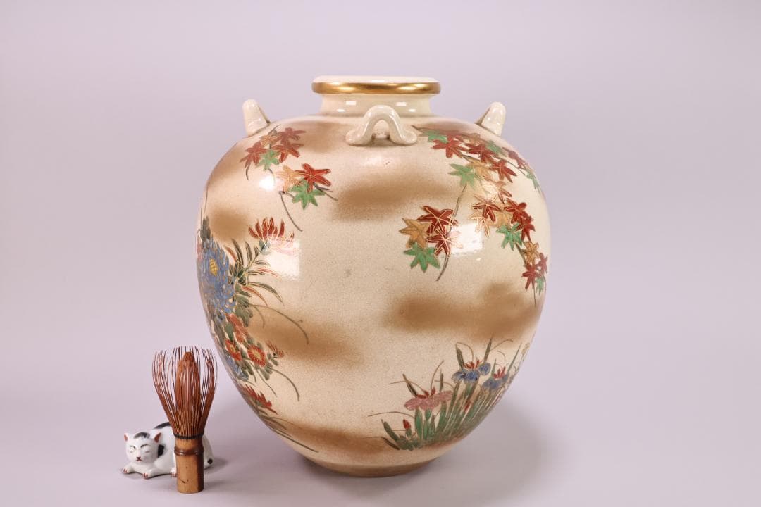 仁清 写 色絵 金雲菊花御所車図 四耳壺 茶壺 花瓶 壷 花器 BK49