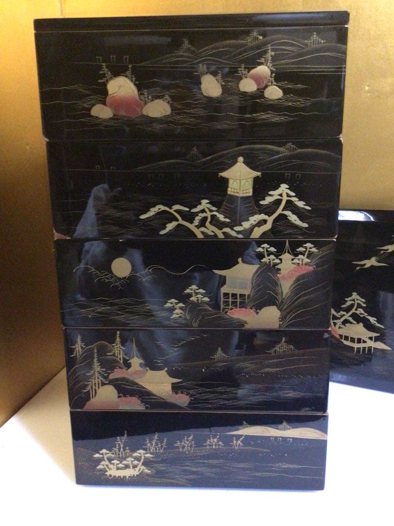 豪華蒔絵 五段重箱 二枚蓋 蒔絵重箱重二枚蓋五段重 重台