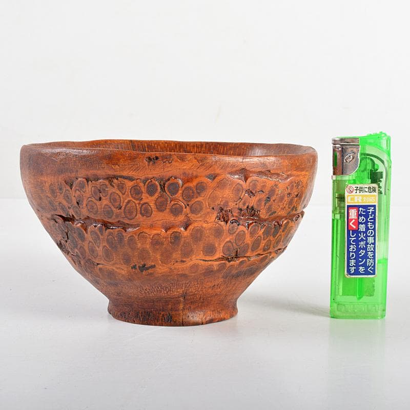 茶道具　漆塗　竹根製　茶碗　朱漆銘あり　M　R5610