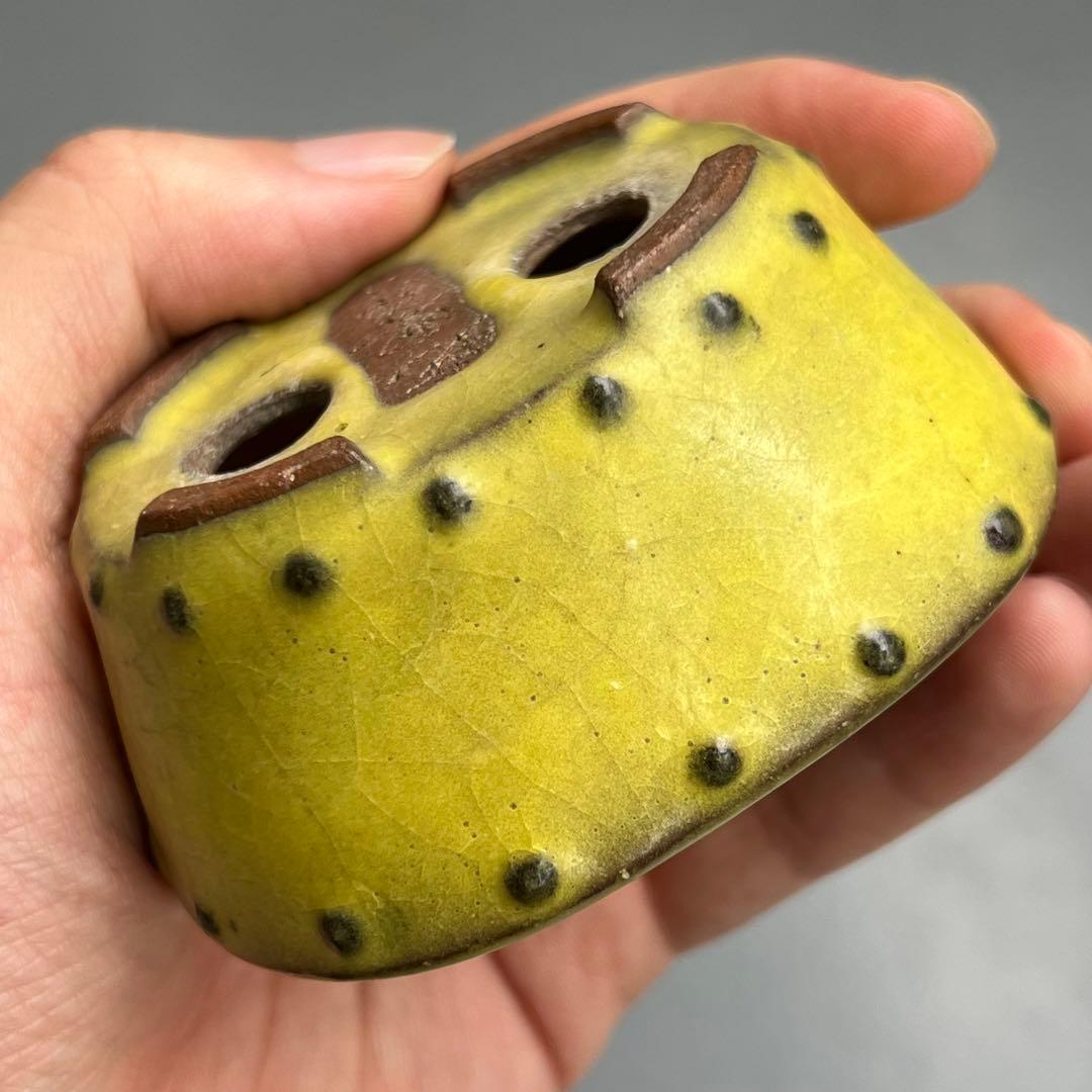 753.暁雲 黄釉鼓釘楕円 盆栽鉢 植木鉢 8*6.7*3.6cm