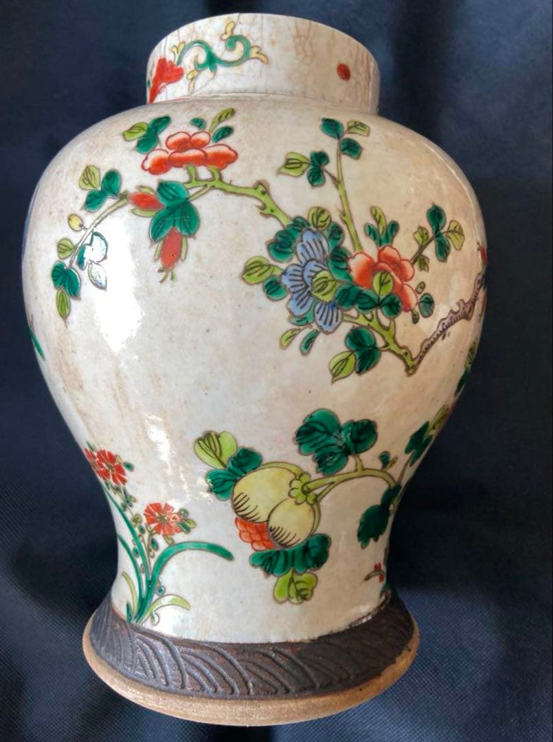 中国古美術 清の時代　哥釉五彩 花鳥文花瓶　高さ30cm