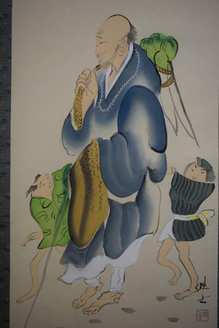 真作/士/良寛の詩/短歌/桐共箱付/布袋屋掛軸HI-543