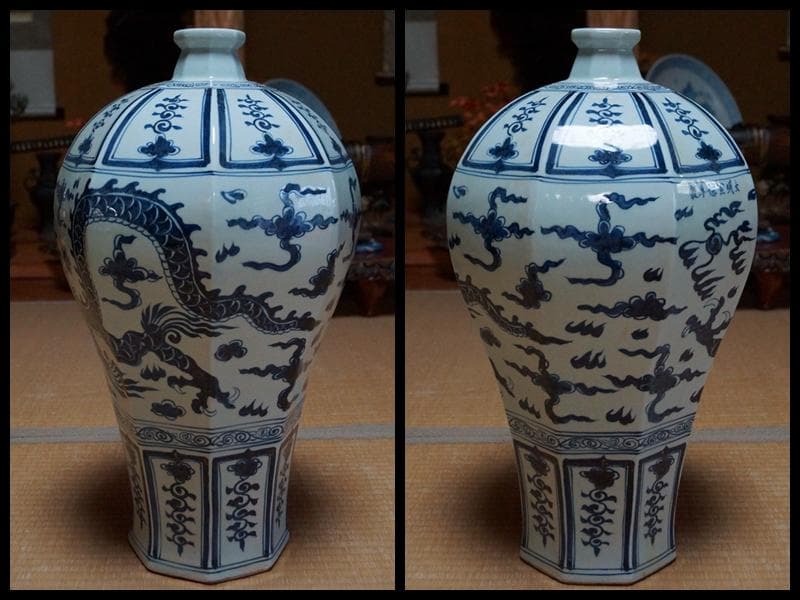 大明宣徳年製在銘 青花染付『龍文』大型壺 面取梅瓶 高56.5㎝迫力のある龍の壺