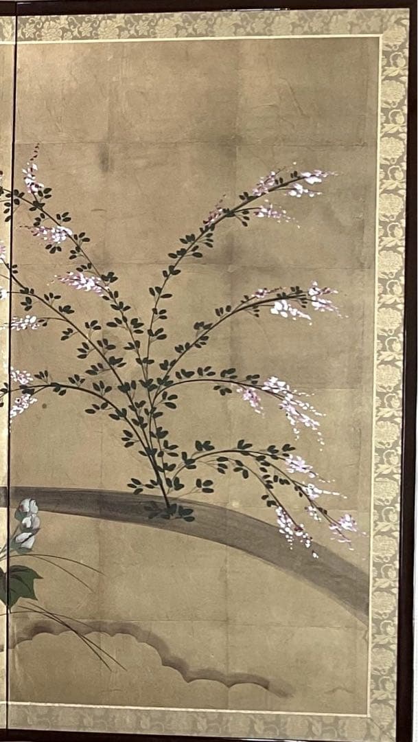 四つ折り屏風　日本画　金箔彩色　琳派 四季花