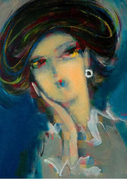 油絵 絵 絵画インテリア 額付(青緑＋金色の枠)油絵 F4-051713 女性