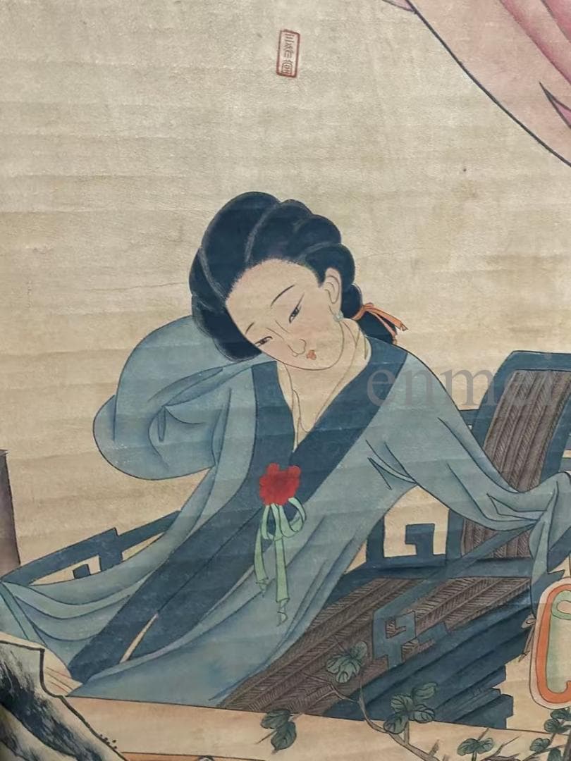 中国古美術・旧藏・明代風・唐寅款・人物図・手描き中堂画・宣紙・掛軸・