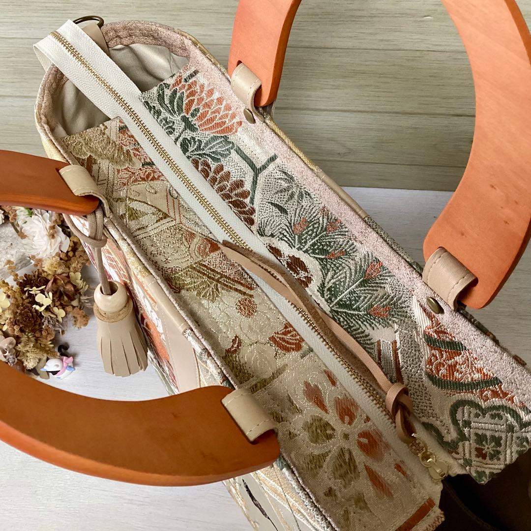 丸帯×本革 着物リメイク トートバッグ ハンドメイド 手提げ 袋帯 アンティーク