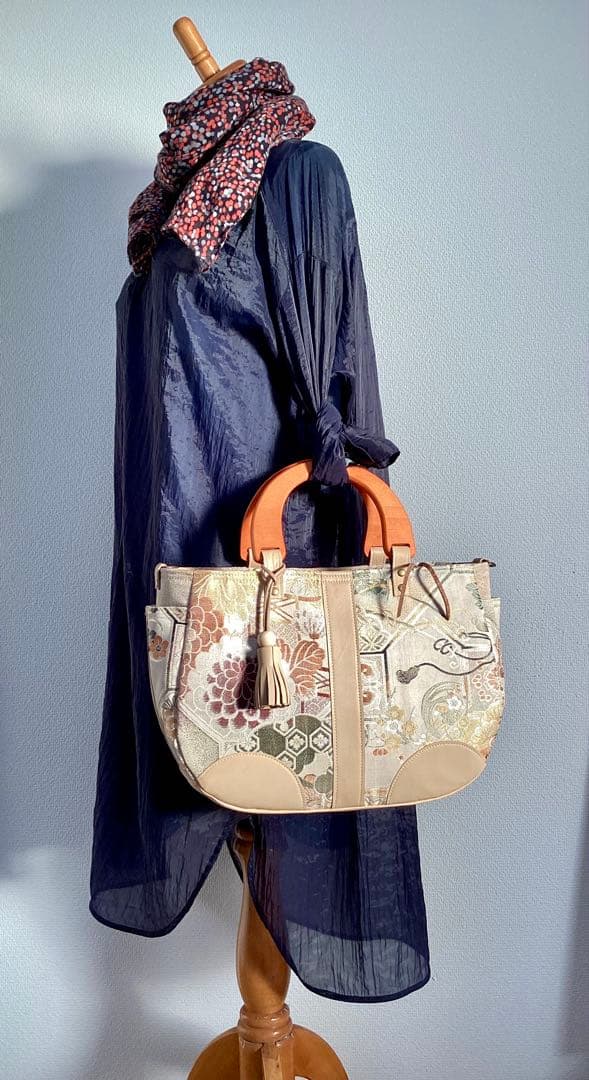 丸帯×本革 着物リメイク トートバッグ ハンドメイド 手提げ 袋帯 アンティーク