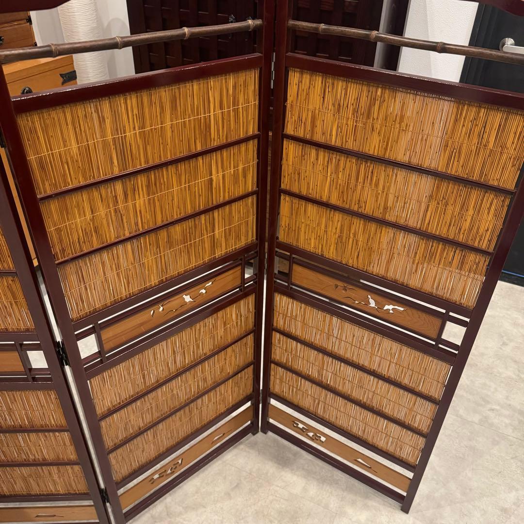 古い竹簾屏風 衝立 パーテーション 四連 透かし彫り 古道具