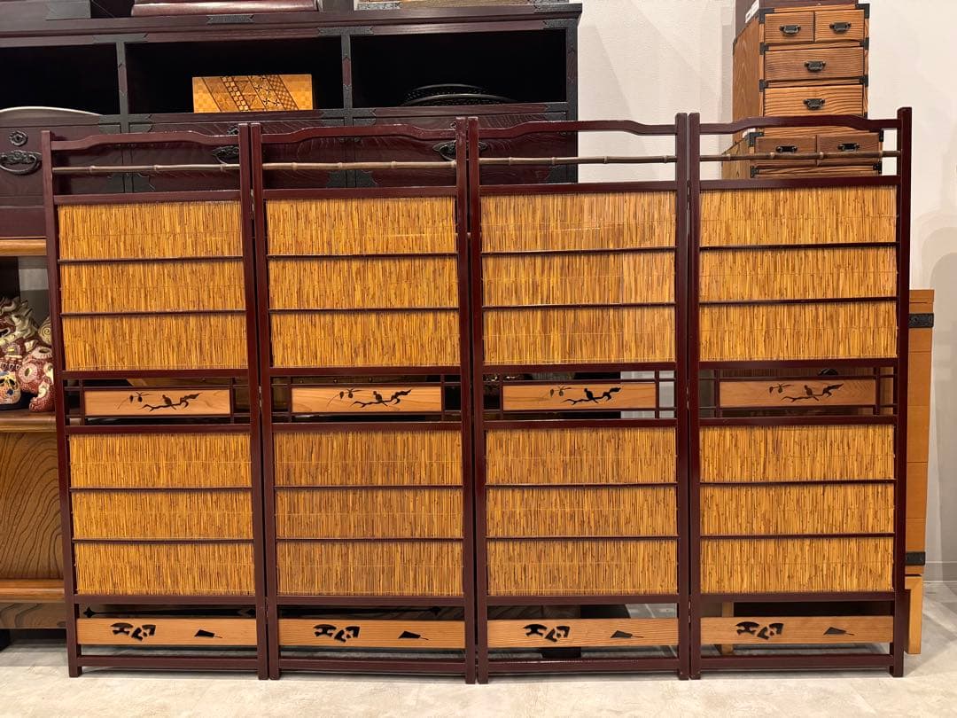 古い竹簾屏風 衝立 パーテーション 四連 透かし彫り 古道具