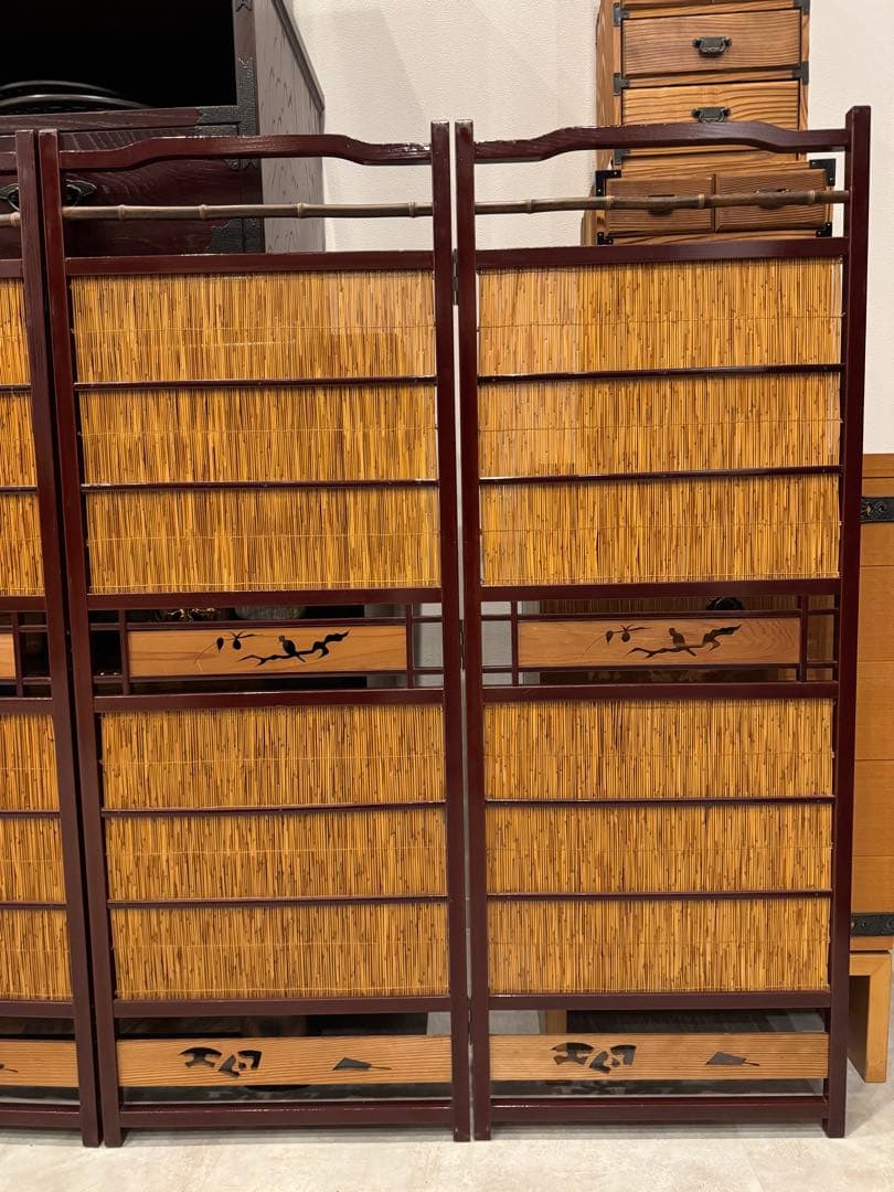 古い竹簾屏風 衝立 パーテーション 四連 透かし彫り 古道具