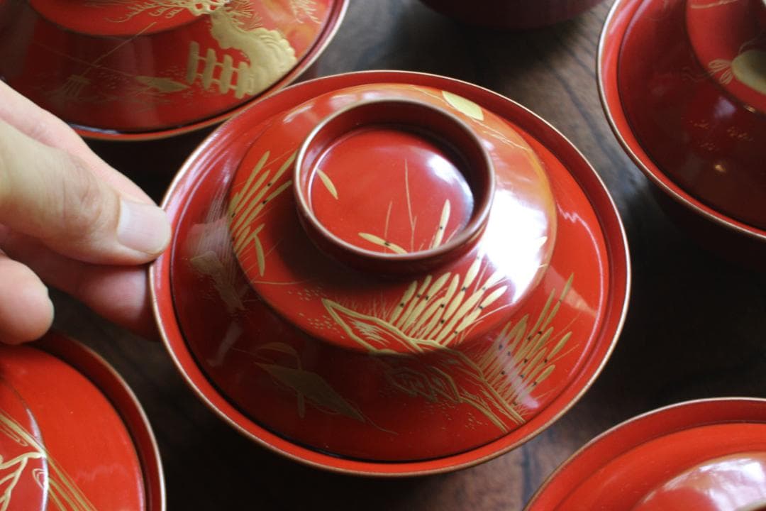 バラ売り可！時代金縁朱漆に極上風物蒔絵の映えるお椀6点（検