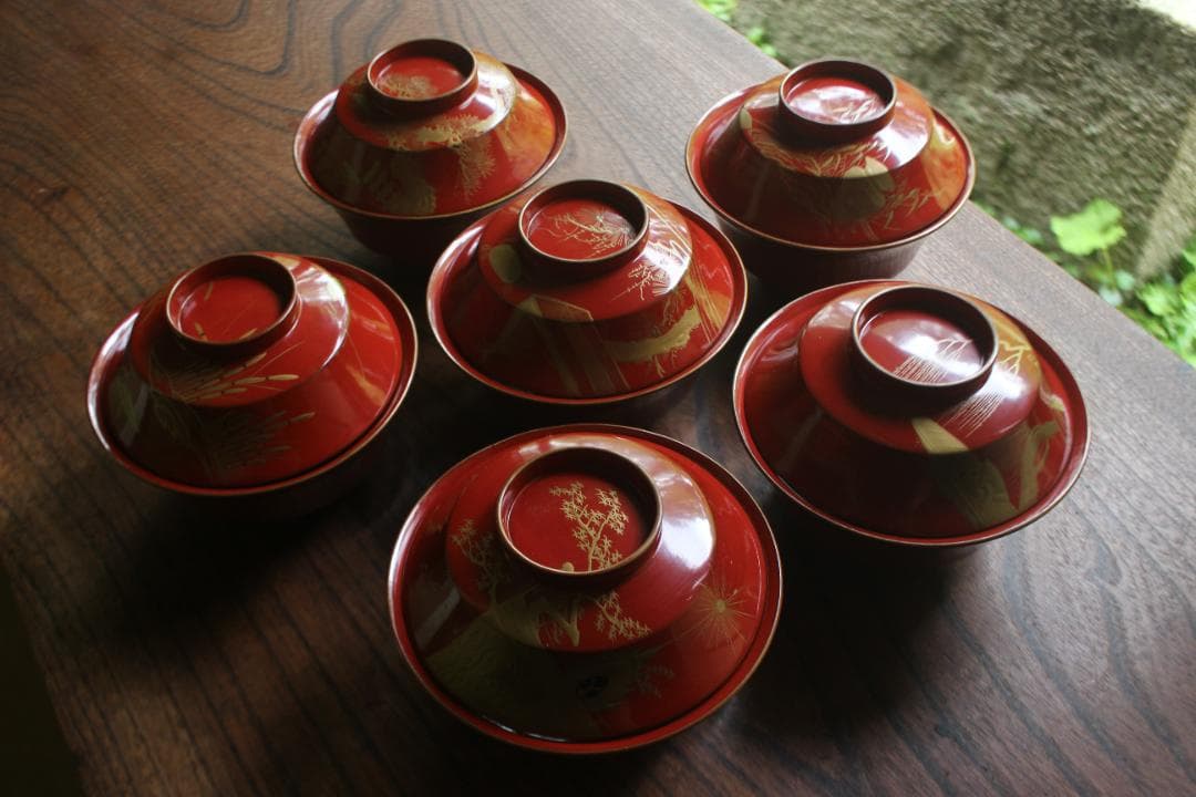 バラ売り可！時代金縁朱漆に極上風物蒔絵の映えるお椀6点（検