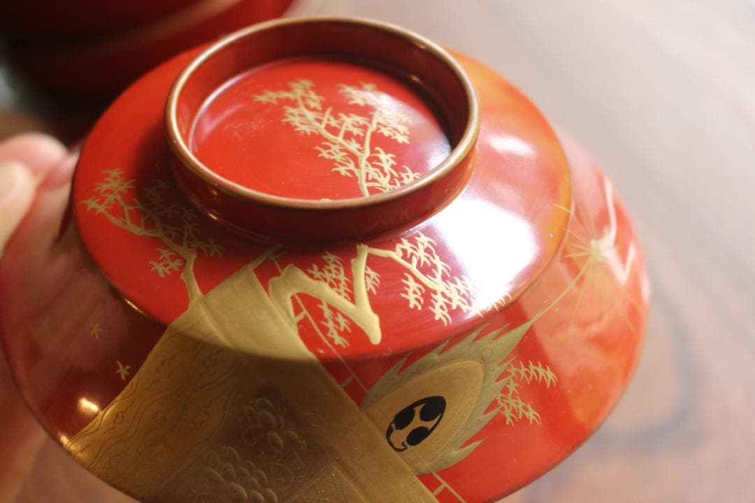 バラ売り可！時代金縁朱漆に極上風物蒔絵の映えるお椀6点（検