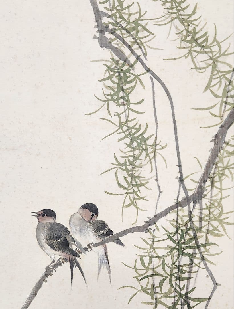 柳桃新燕図】石河有隣 2672 自画賛 共箱 掛け軸 肉筆