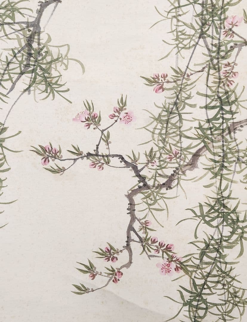 柳桃新燕図】石河有隣 2672 自画賛 共箱 掛け軸 肉筆