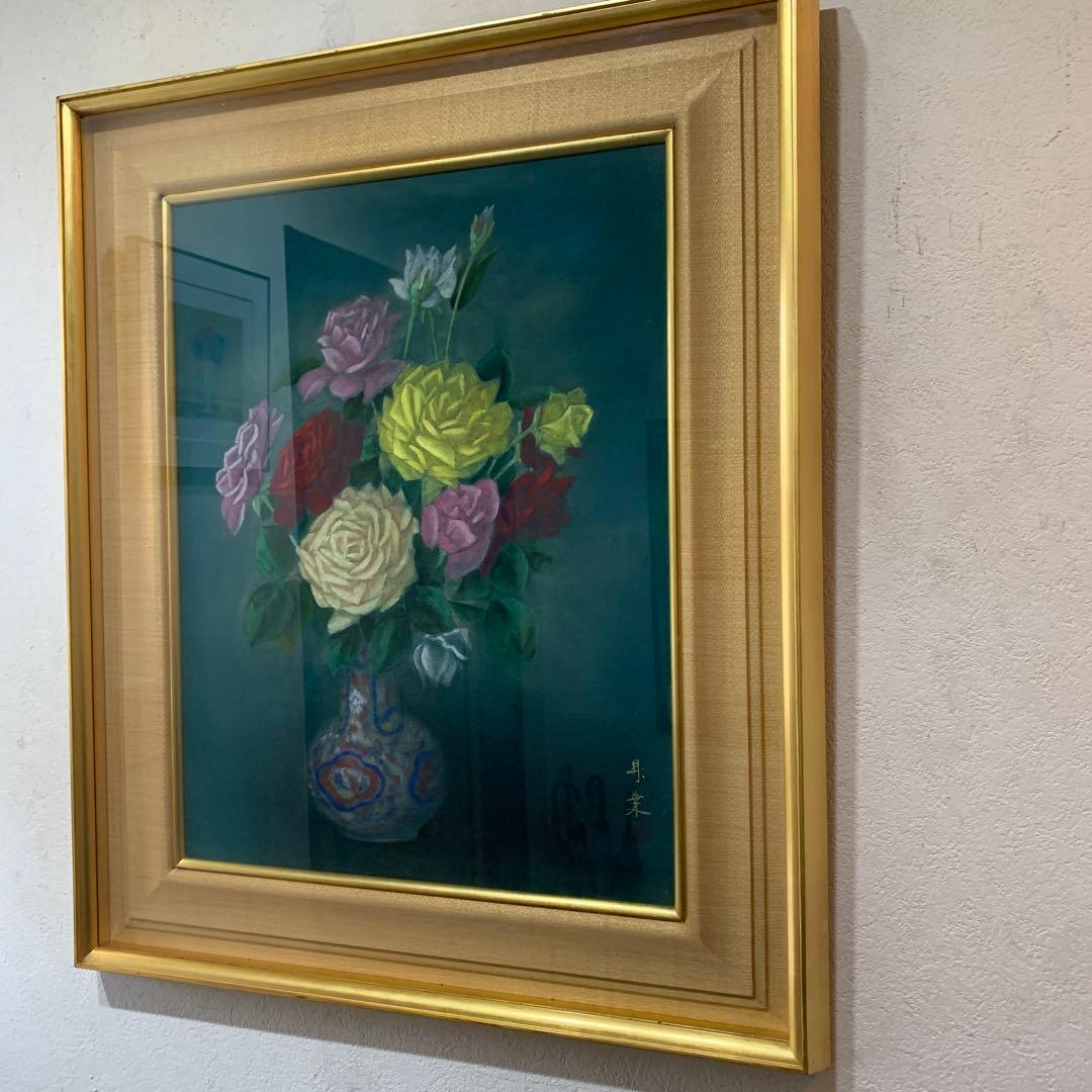 日本画　額装　真作　五十川昇乗『ばら』サイン落款有り　大判　さし箱付き