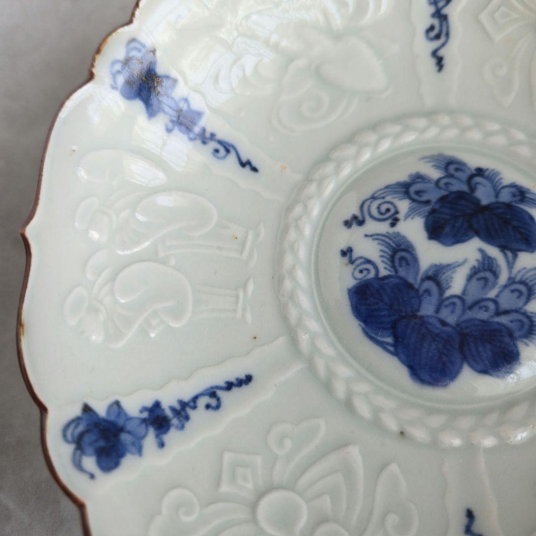 古伊万里　染付　陽刻　深皿　膾皿　唐人　韃靼人　江戸　アンティーク　金継ぎ　金直