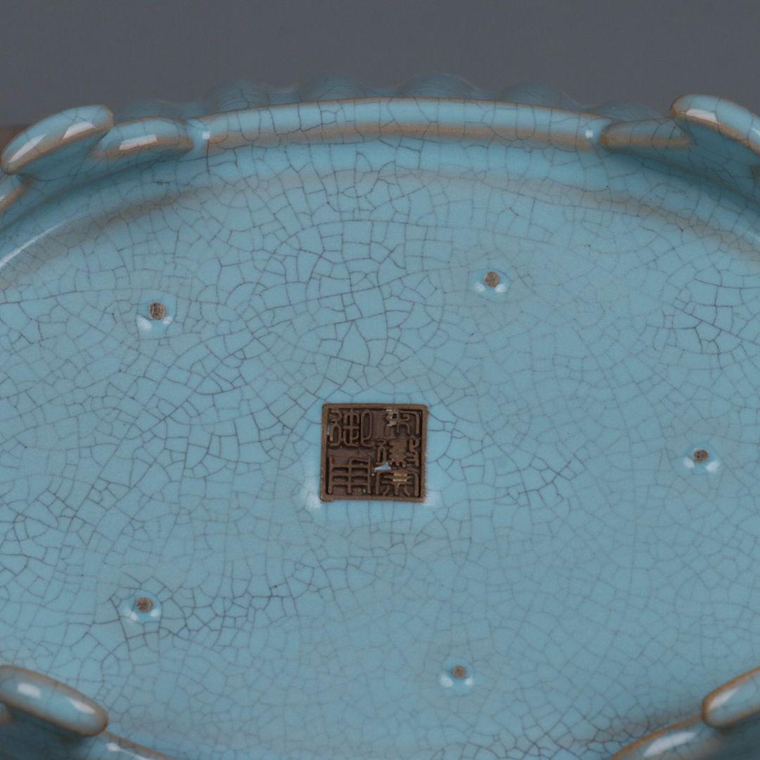 宋汝窯藍釉菊花弁水仙盆 筆洗 書道具 文房具 現代工芸品 美術品 置物