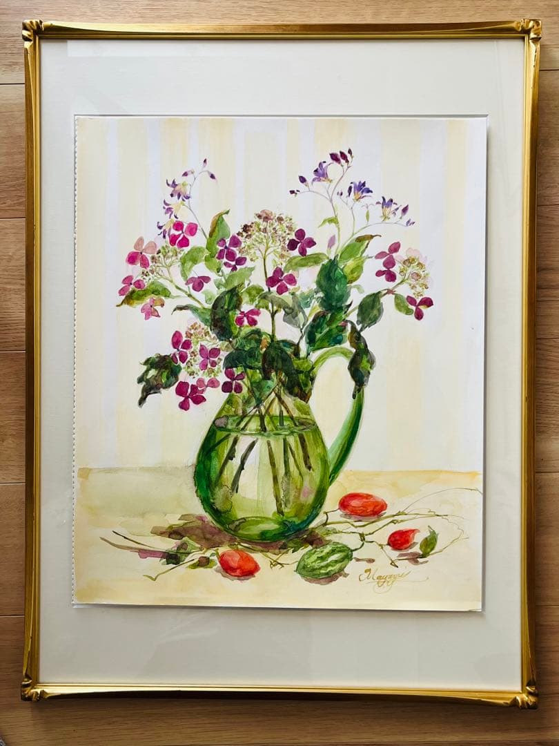 水彩画 花瓶の花と烏瓜　原画
