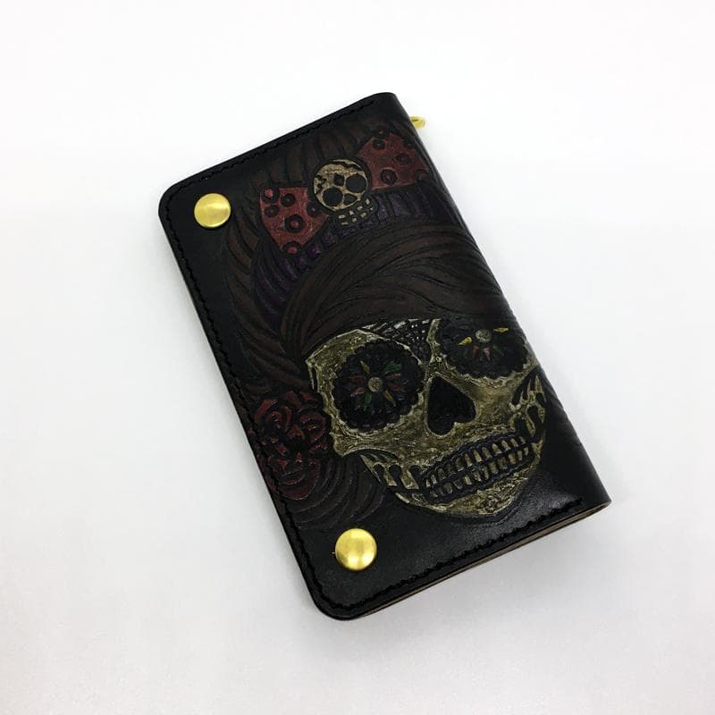【本革】ミドルトラッカーウォレット 真鍮 ★シュガースカル&フラワー★ レザー
