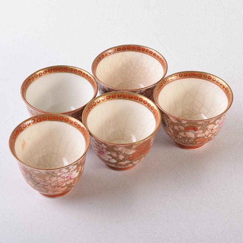 九谷焼 古九谷 赤絵金彩 花鳥文 煎茶碗 五客 D R8651