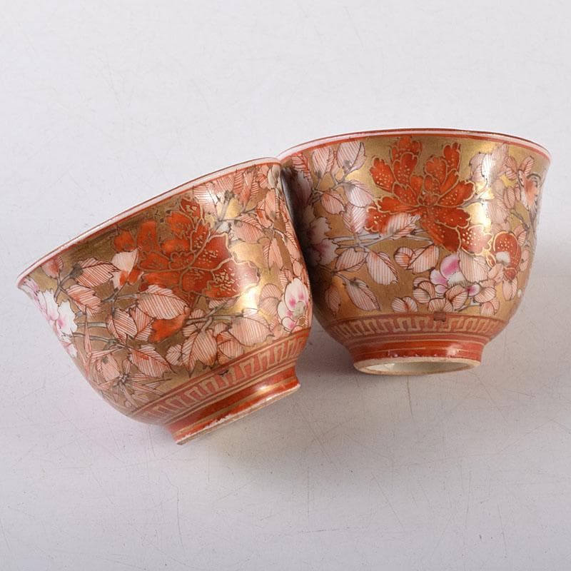 九谷焼 古九谷 赤絵金彩 花鳥文 煎茶碗 五客 D R8651