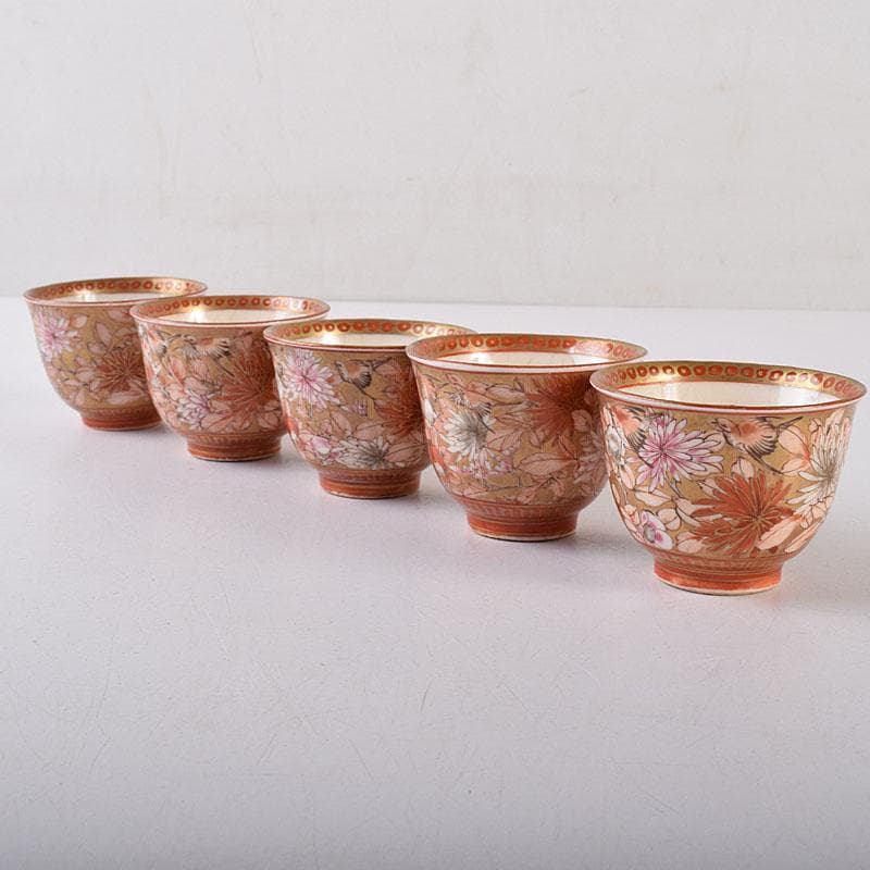 九谷焼 古九谷 赤絵金彩 花鳥文 煎茶碗 五客 D R8651