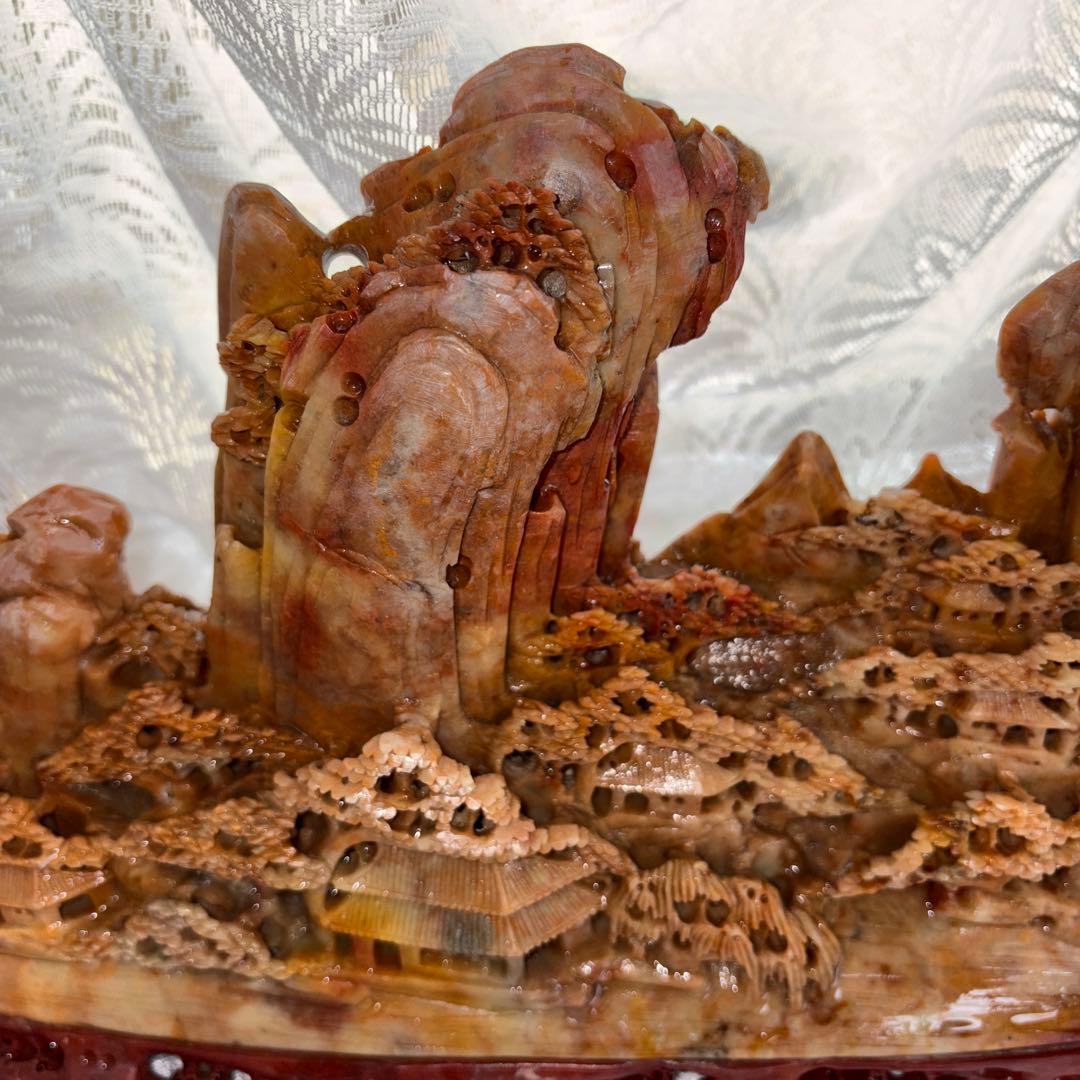 中国翡翠 彫刻 風景 船 山景色 置物 アート 40cm