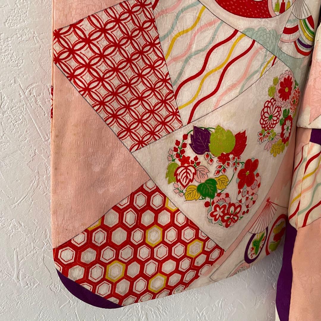 七五三　３歳　女の子　正絹　アンティークお着物　セット　正絹白地の被布コーデ