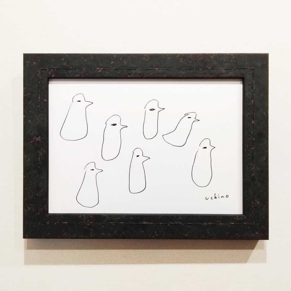 内野隆文　とりのマーチ　鳥　ドローイング　イラスト　絵画　現代美術　額縁　真作