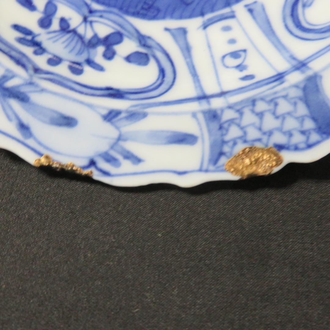 染付 小皿 皿 古伊万里 飛蝗文様 江戸 歪み 欠け 直し 芙蓉手 B傷