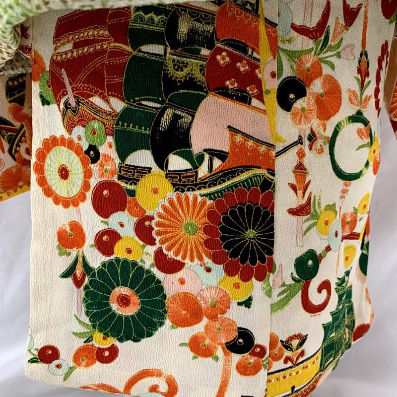 510ag34□七五三 三歳 アンティーク 女児 着物&被布 船 花文□美品