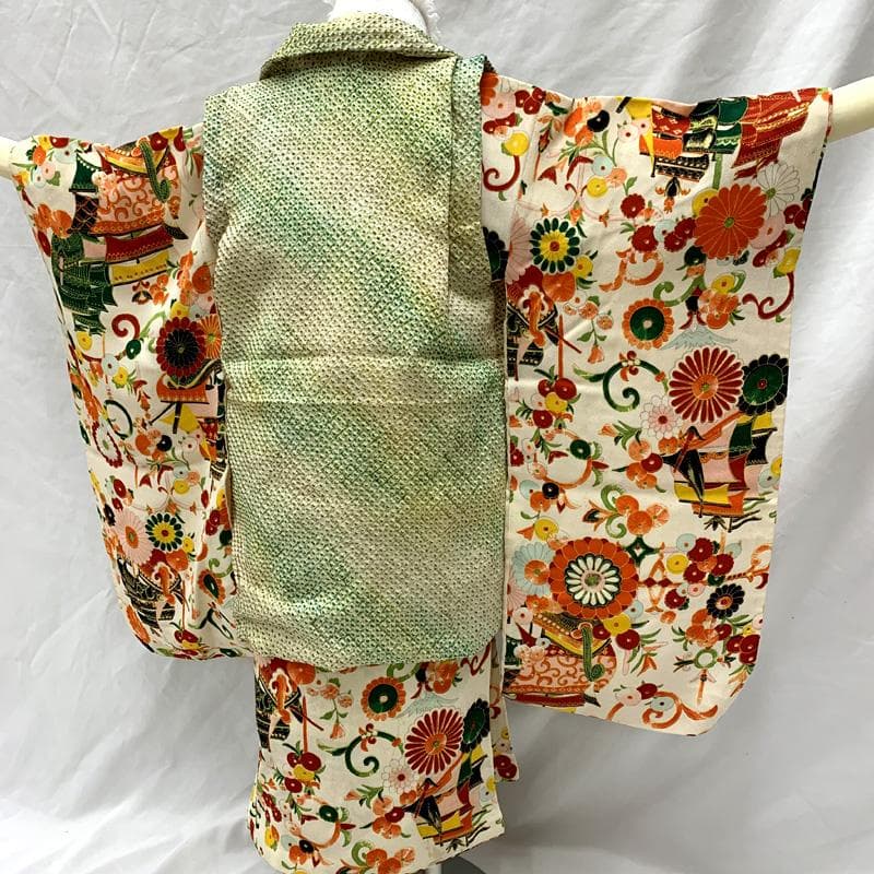 510ag34□七五三 三歳 アンティーク 女児 着物&被布 船 花文□美品