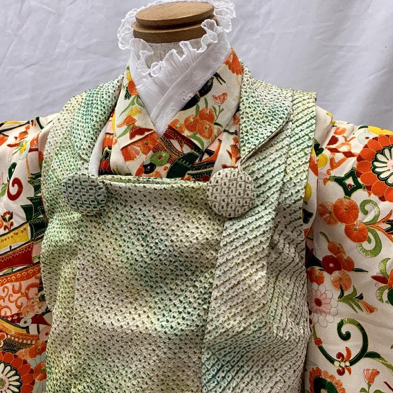 510ag34□七五三 三歳 アンティーク 女児 着物&被布 船 花文□美品