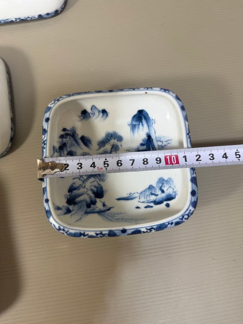 2224 九谷焼　角福　染付山水　中鉢　10客　時代物